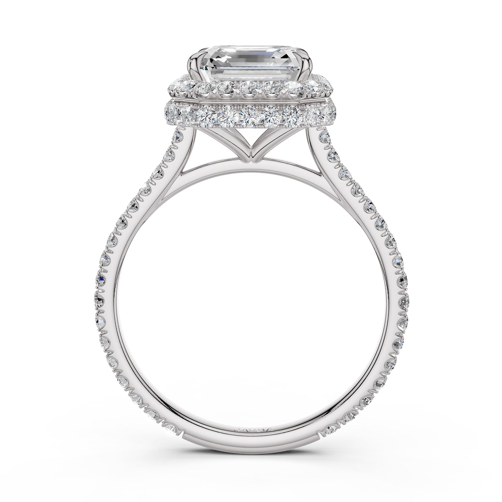 Double Halo Asscher  Lab Grown Diamond French Pave Set Engagement Ring